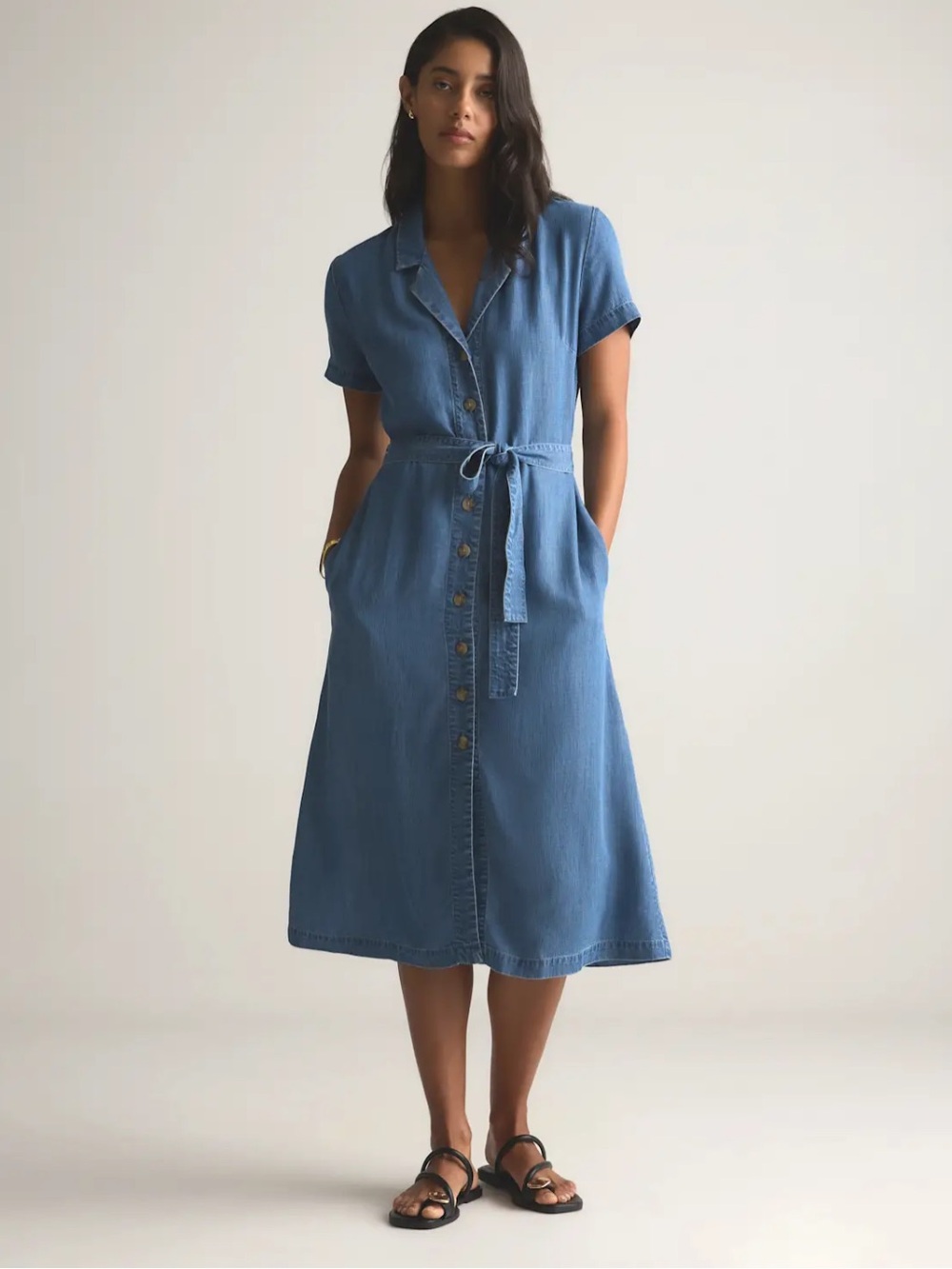 QUINCE Chambray Tencel Button Front Midi Dress Indigo SIZE M
